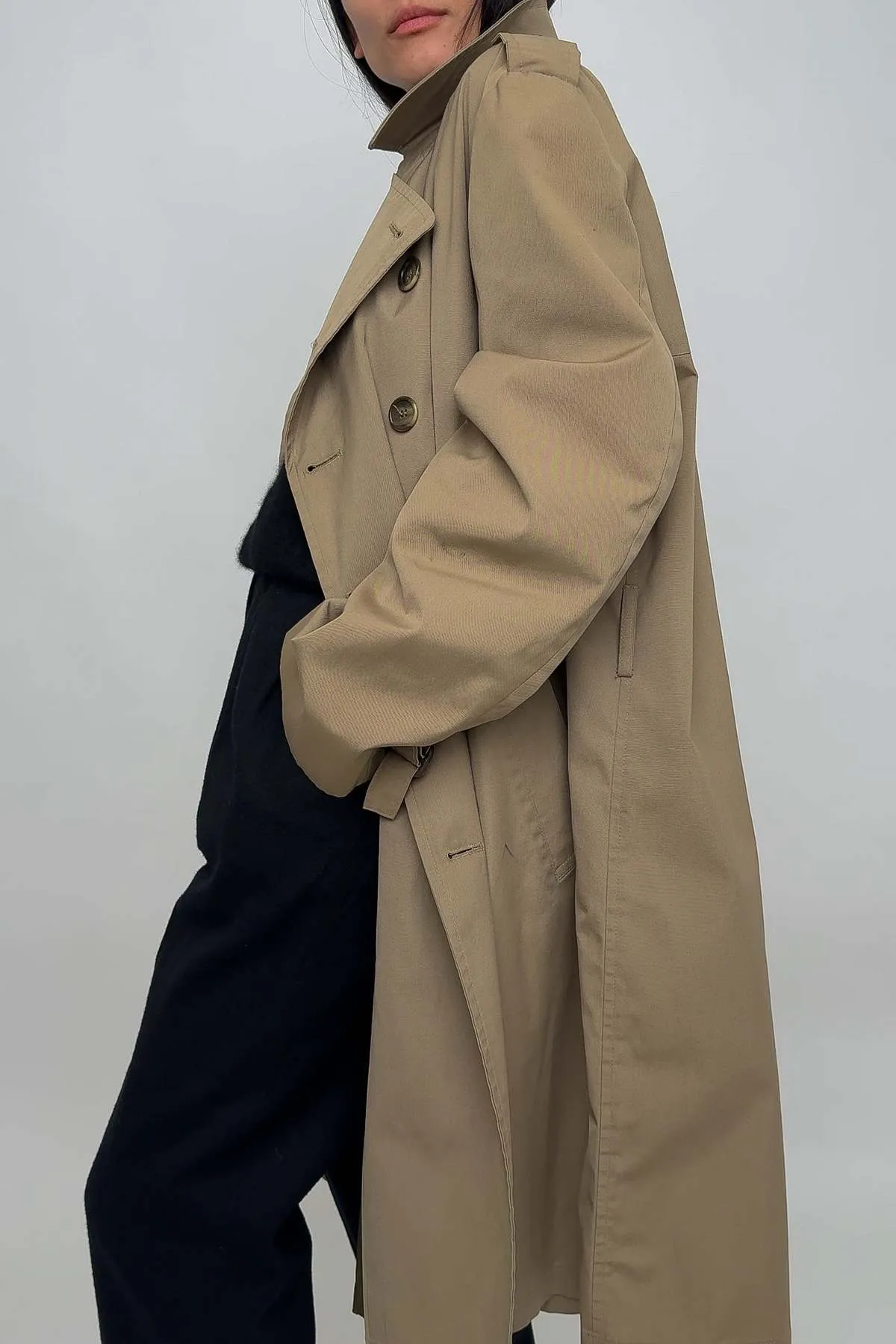 Taupe Double Breasted Trench Coat in Cotton Blend