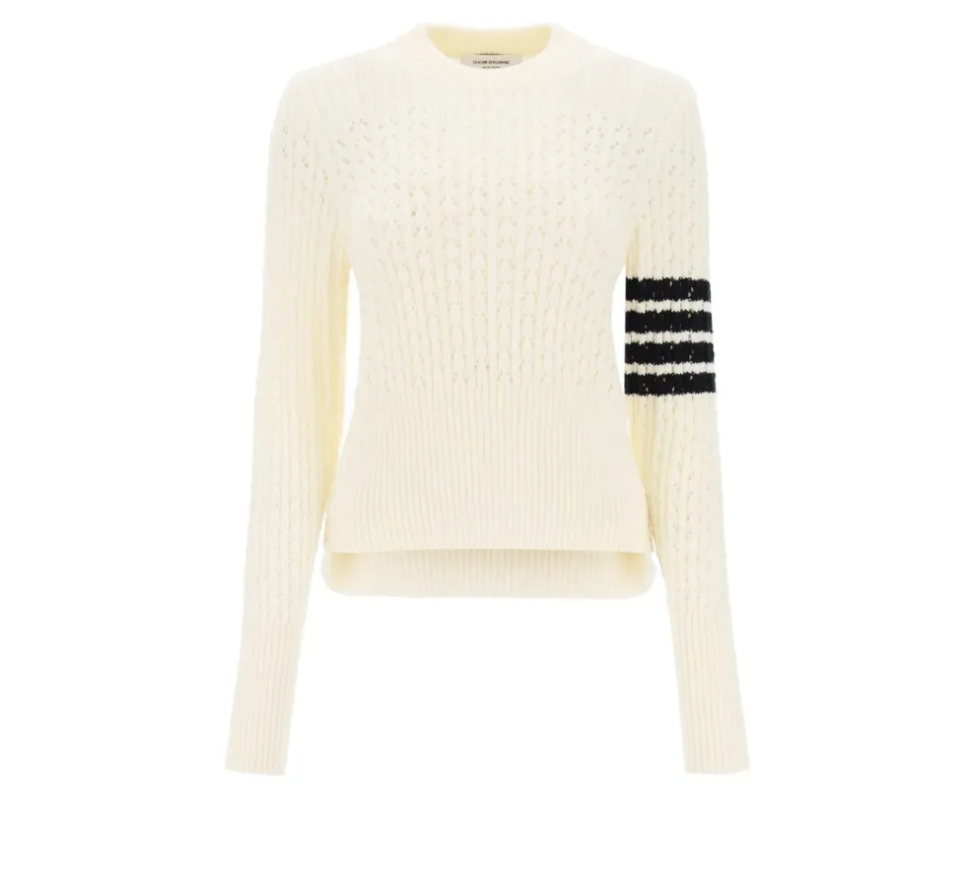 THOM BROWNE  |Logo Wool Crew Neck V-Neck Long Sleeves