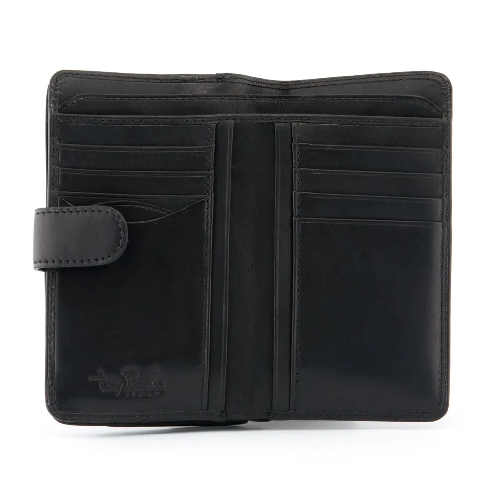 Black Italian Leather Medium Flap Over Purse by Tony Perotti