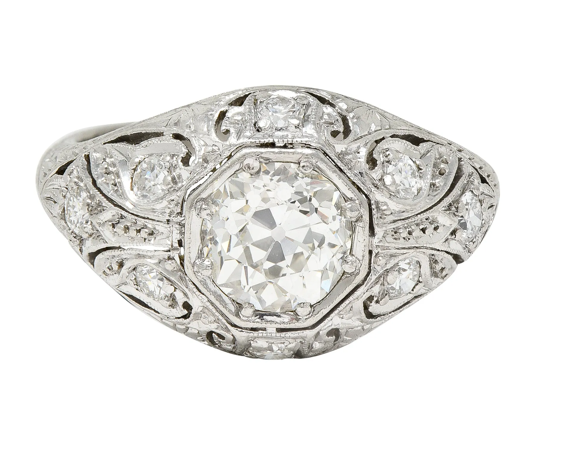 Vintage Platinum Engagement Ring with 1.53 CTW Old European Cut Diamond and Art Deco Foliate Design