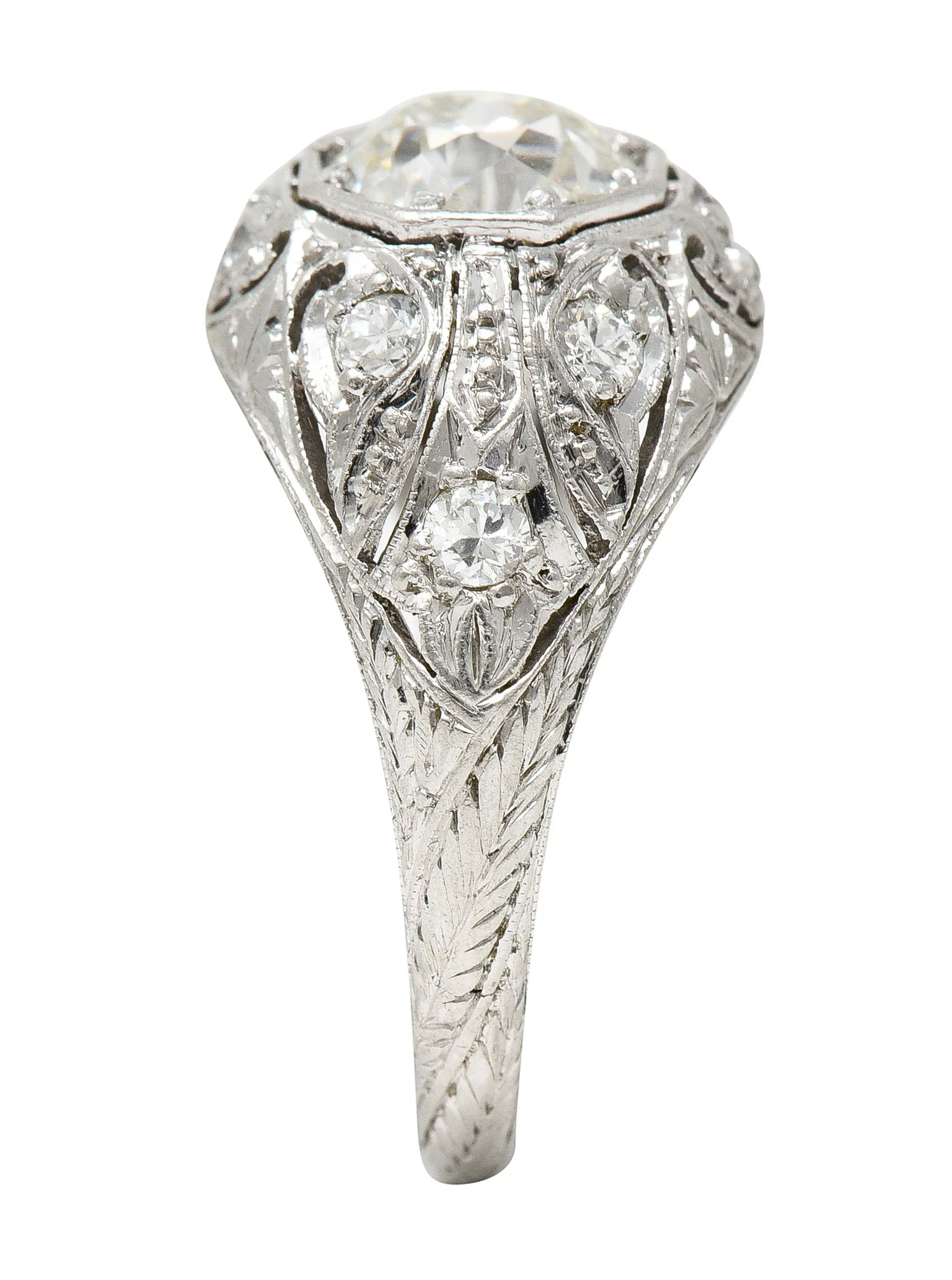 Vintage Platinum Engagement Ring with 1.53 CTW Old European Cut Diamond and Art Deco Foliate Design