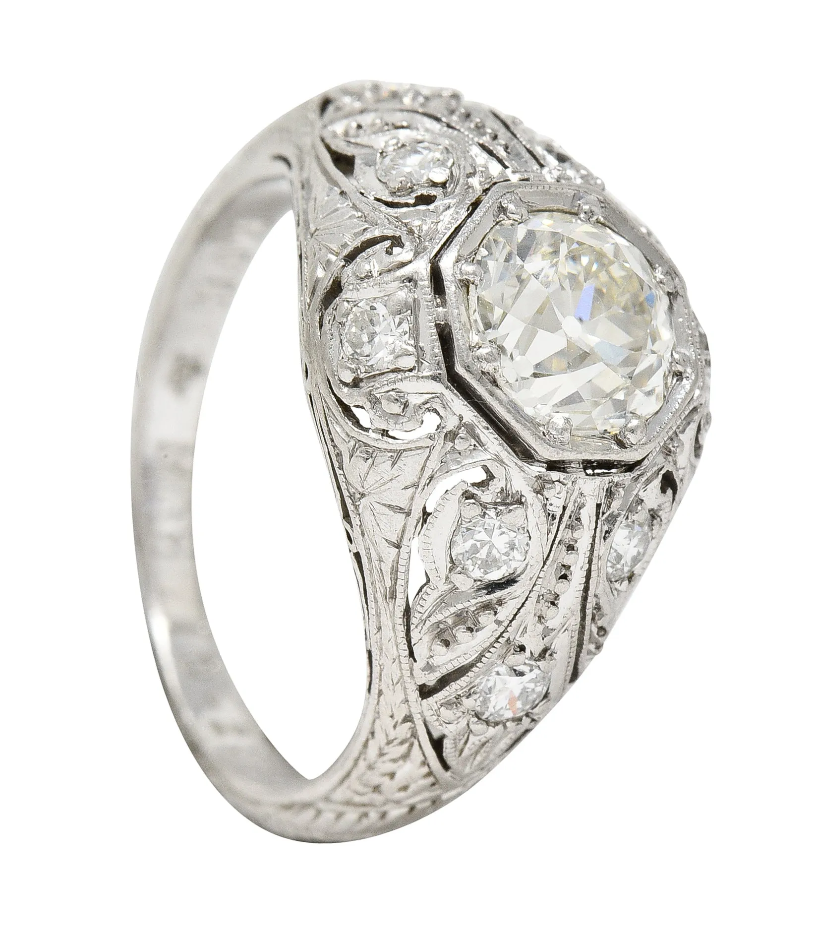 Vintage Platinum Engagement Ring with 1.53 CTW Old European Cut Diamond and Art Deco Foliate Design