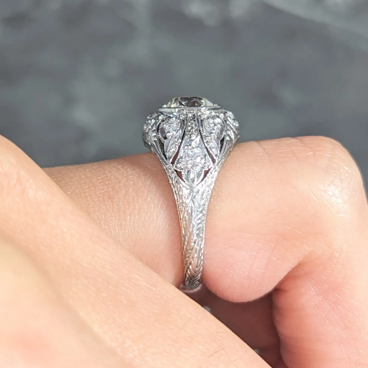 Vintage Platinum Engagement Ring with 1.53 CTW Old European Cut Diamond and Art Deco Foliate Design