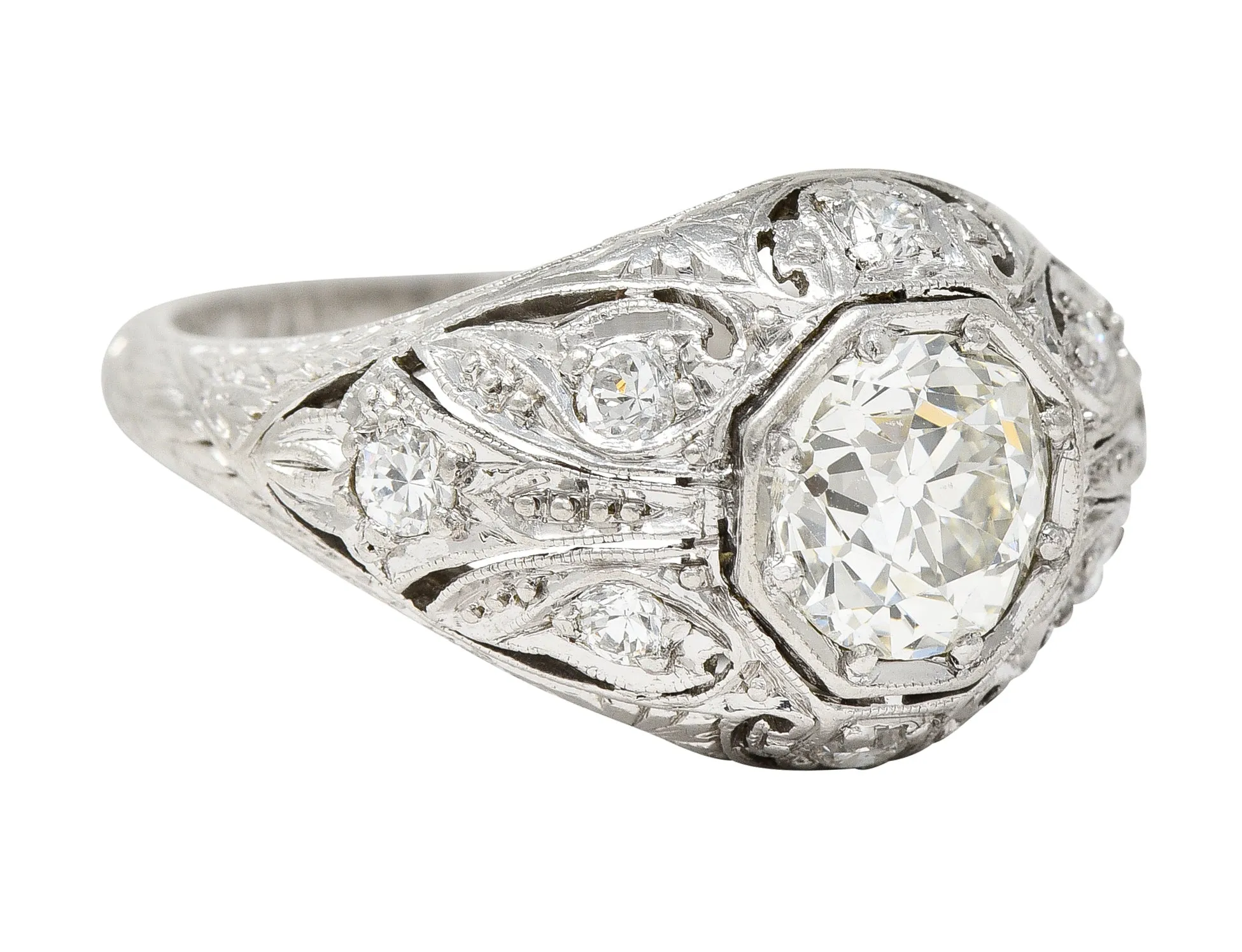 Vintage Platinum Engagement Ring with 1.53 CTW Old European Cut Diamond and Art Deco Foliate Design