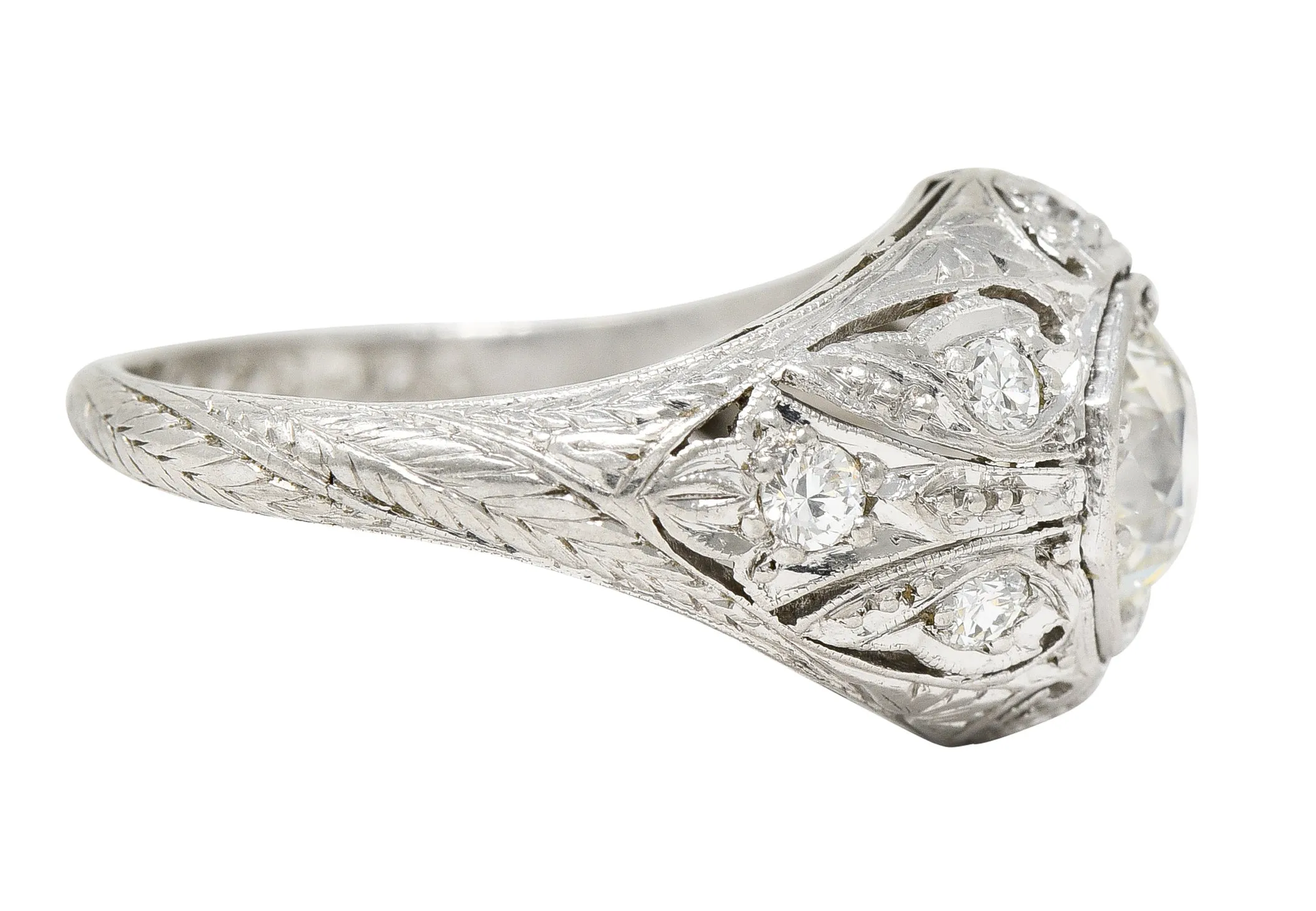 Vintage Platinum Engagement Ring with 1.53 CTW Old European Cut Diamond and Art Deco Foliate Design