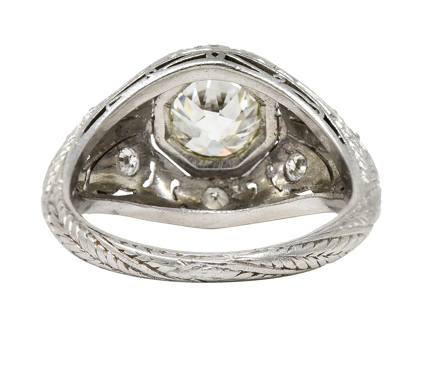 Vintage Platinum Engagement Ring with 1.53 CTW Old European Cut Diamond and Art Deco Foliate Design