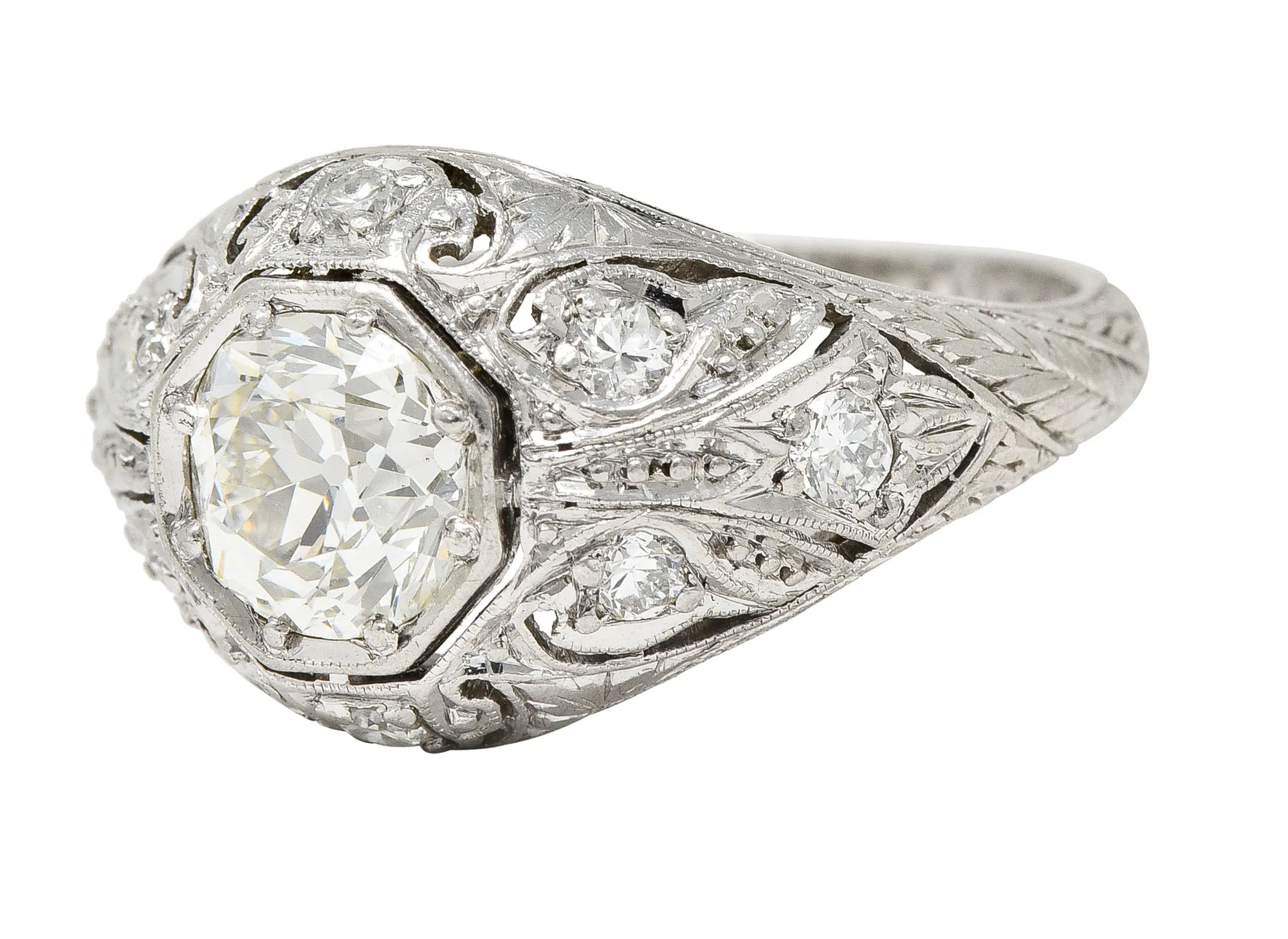 Vintage Platinum Engagement Ring with 1.53 CTW Old European Cut Diamond and Art Deco Foliate Design