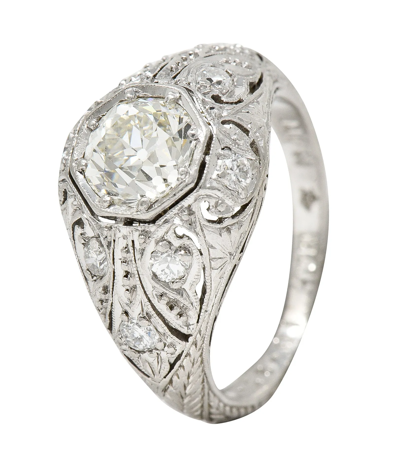 Vintage Platinum Engagement Ring with 1.53 CTW Old European Cut Diamond and Art Deco Foliate Design