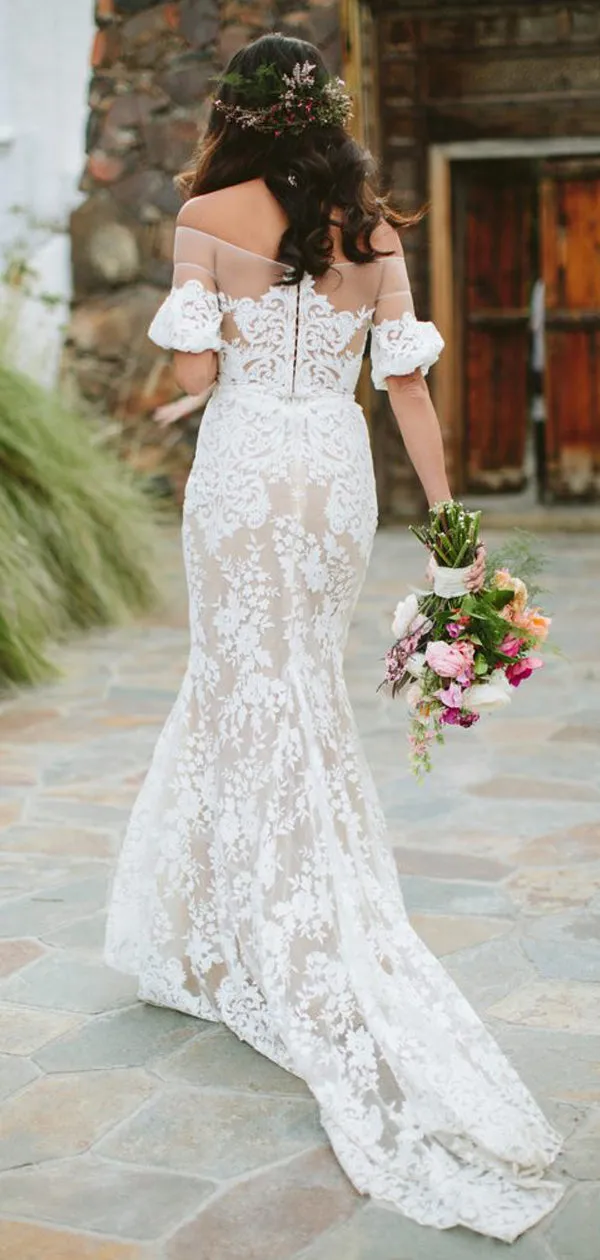 Vintage Off Shoulder Half Sleeve See Through Ivory Lace Nude Wedding Dress, WD0009