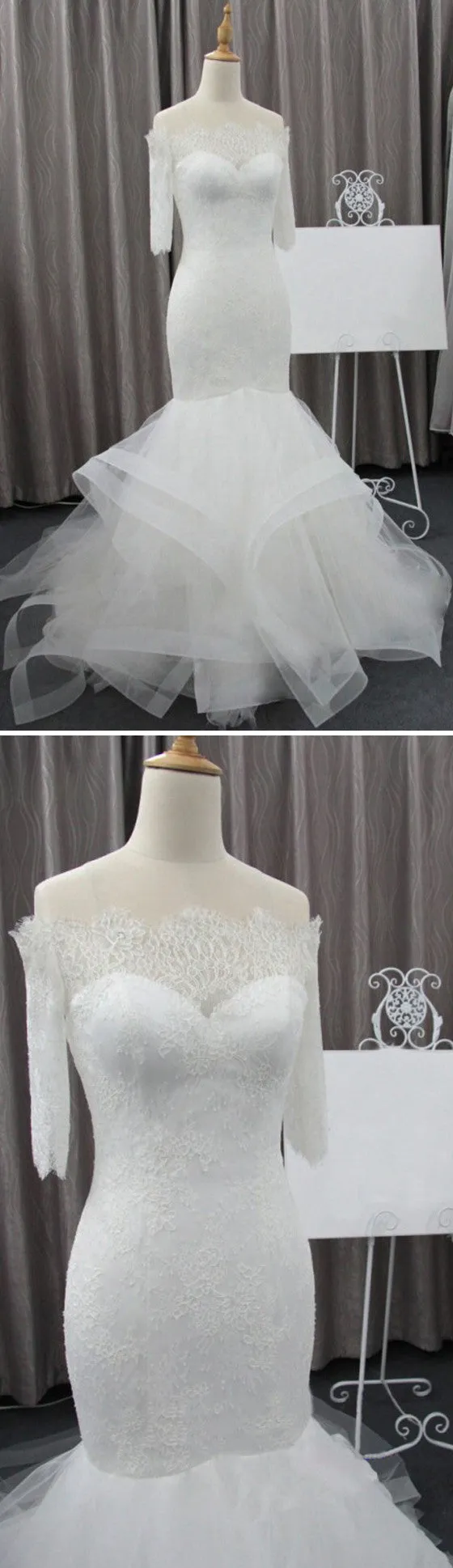 Vintage Off Shoulder Half Sleeve Lace Sexy Mermaid Organza Ruffles Wedding Party Dress, WD0075