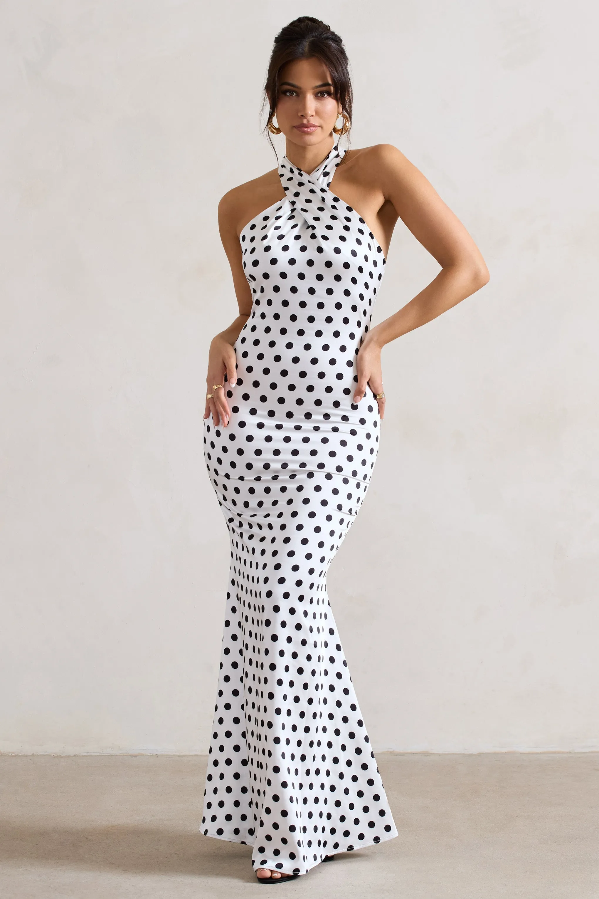 White Polka Dot Satin Halter Neck Maxi Dress