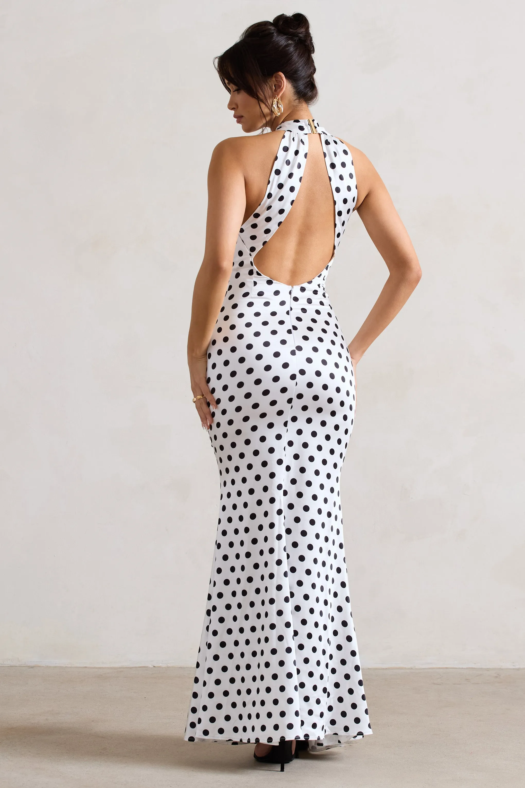 White Polka Dot Satin Halter Neck Maxi Dress