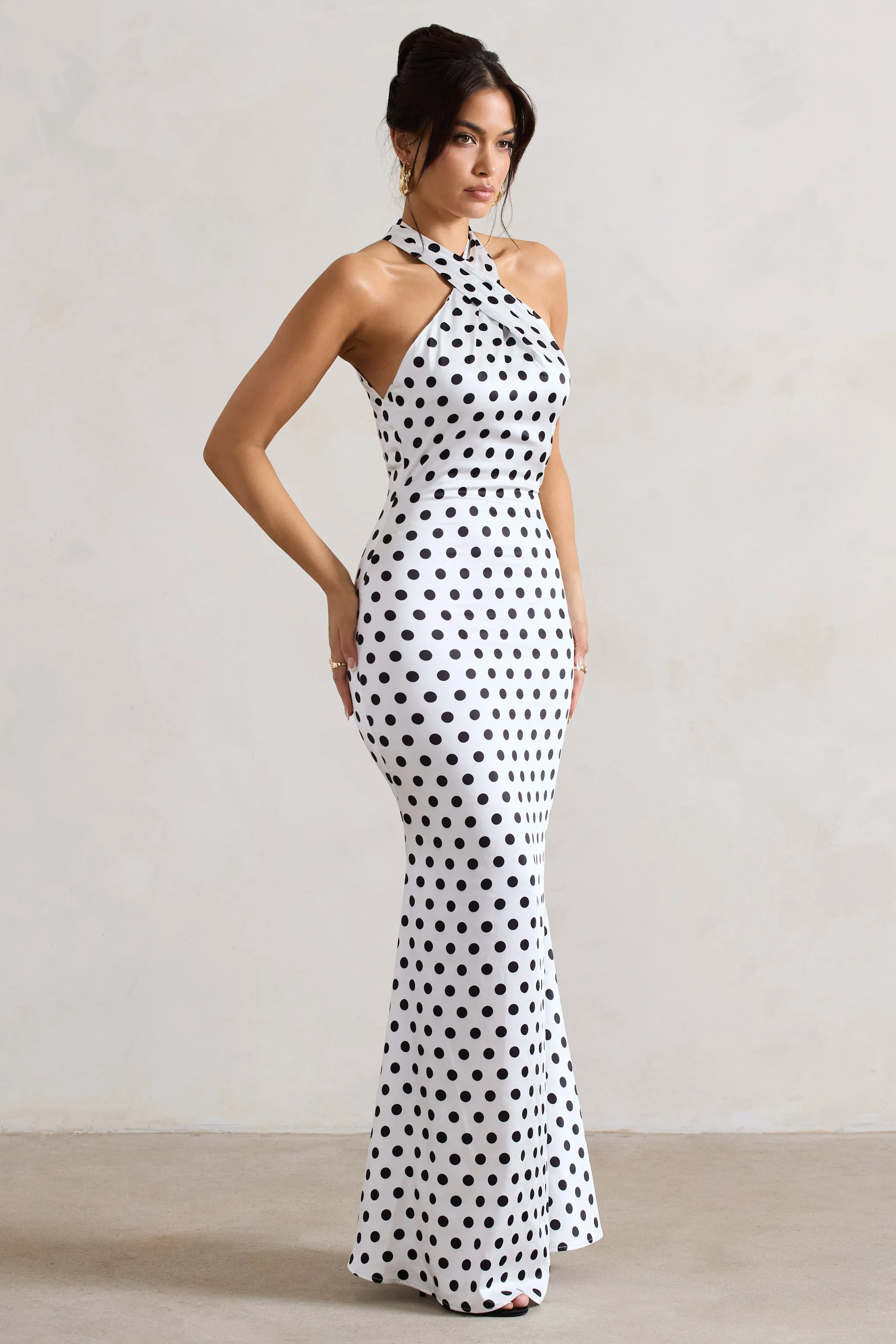 White Polka Dot Satin Halter Neck Maxi Dress