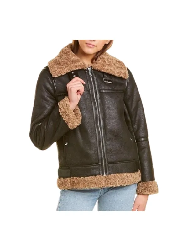 Womens Black SF Bomber Aviator Shearling Jacket