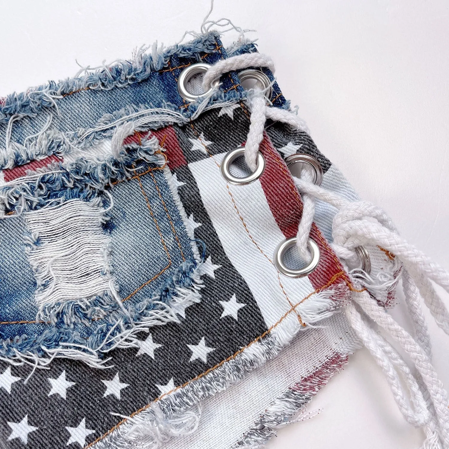 Women's Denim Shorts Sexy Bandage Hole USA Flag Patchwork Low Waist