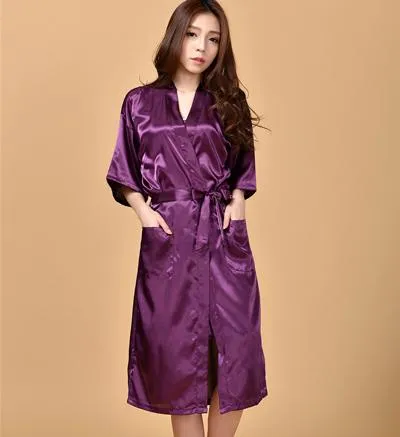 Solid Color Satin Kimono Robe with Belt