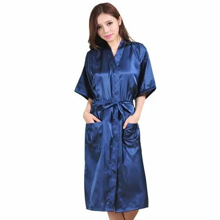 Solid Color Satin Kimono Robe with Belt