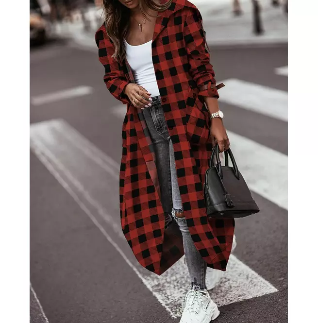 Red Plaid Single-breasted Trench Coat Women's Style