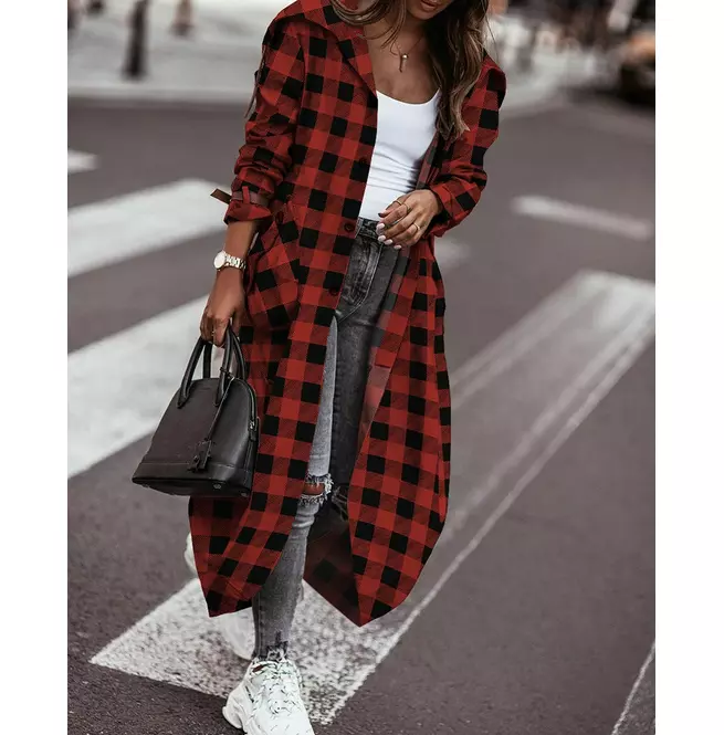 Red Plaid Single-breasted Trench Coat Women's Style