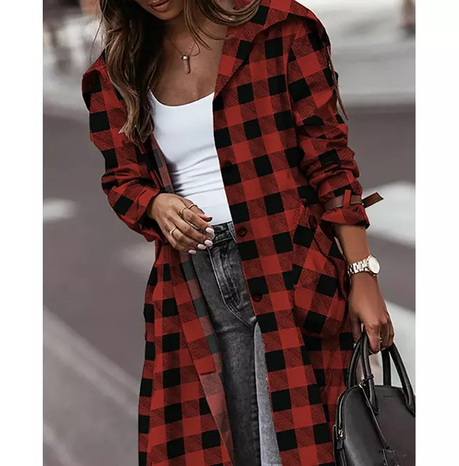 Red Plaid Single-breasted Trench Coat Women's Style