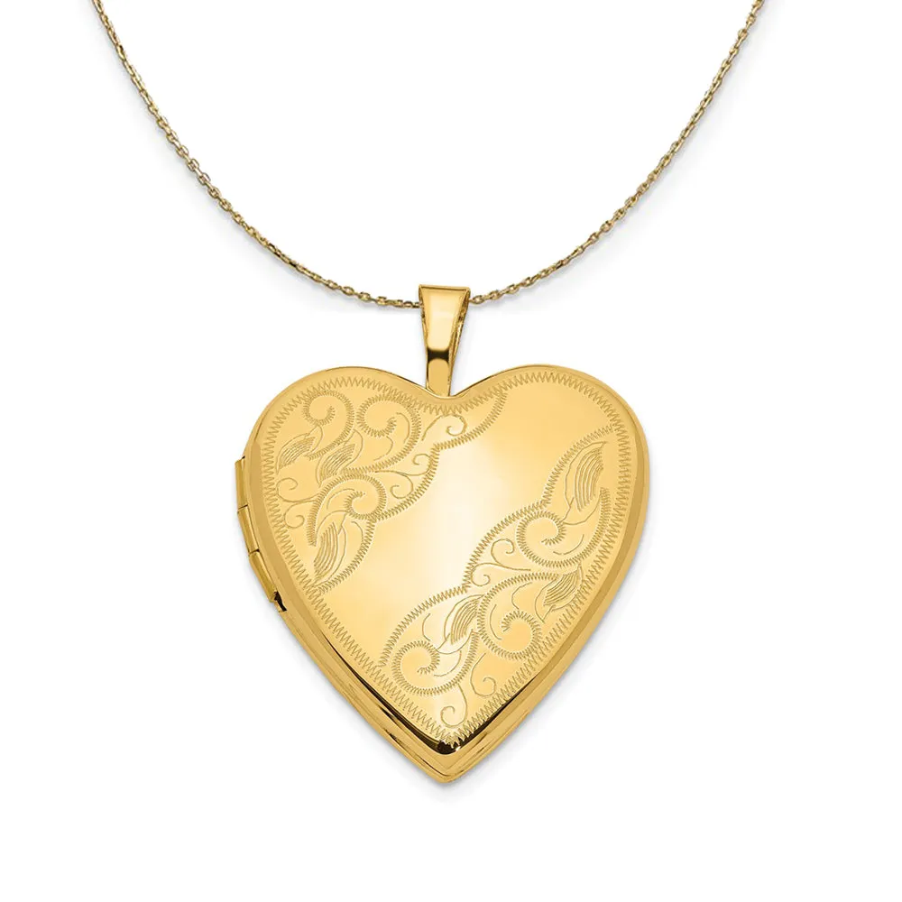 Yellow Gold Swirl Etched Heart Locket Necklace